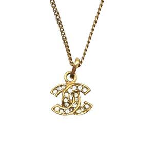 Chanel Vintage Coco Mark Gold Metal Rhinestone Necklace